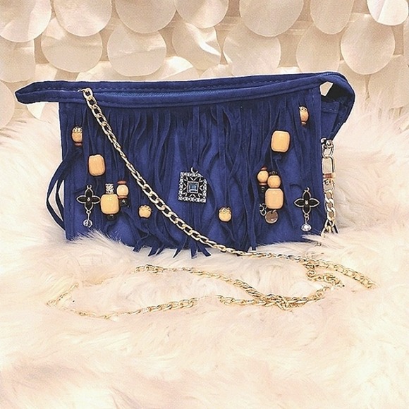 Fringed CROSSBODY BLUE Purse Clutch w Chain Charm Enamel Flower Charm - Picture 6 of 13
